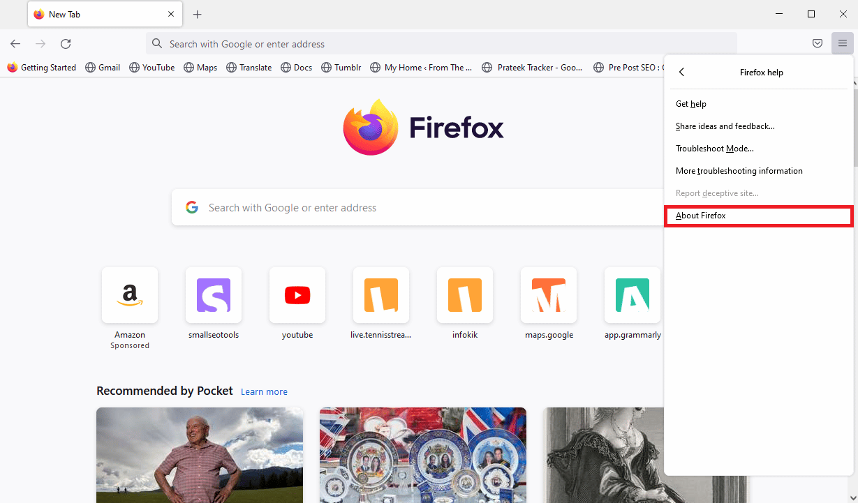 haz clic en Acerca de Firefox.  Reparar el contenedor de complementos para Firefox no funciona