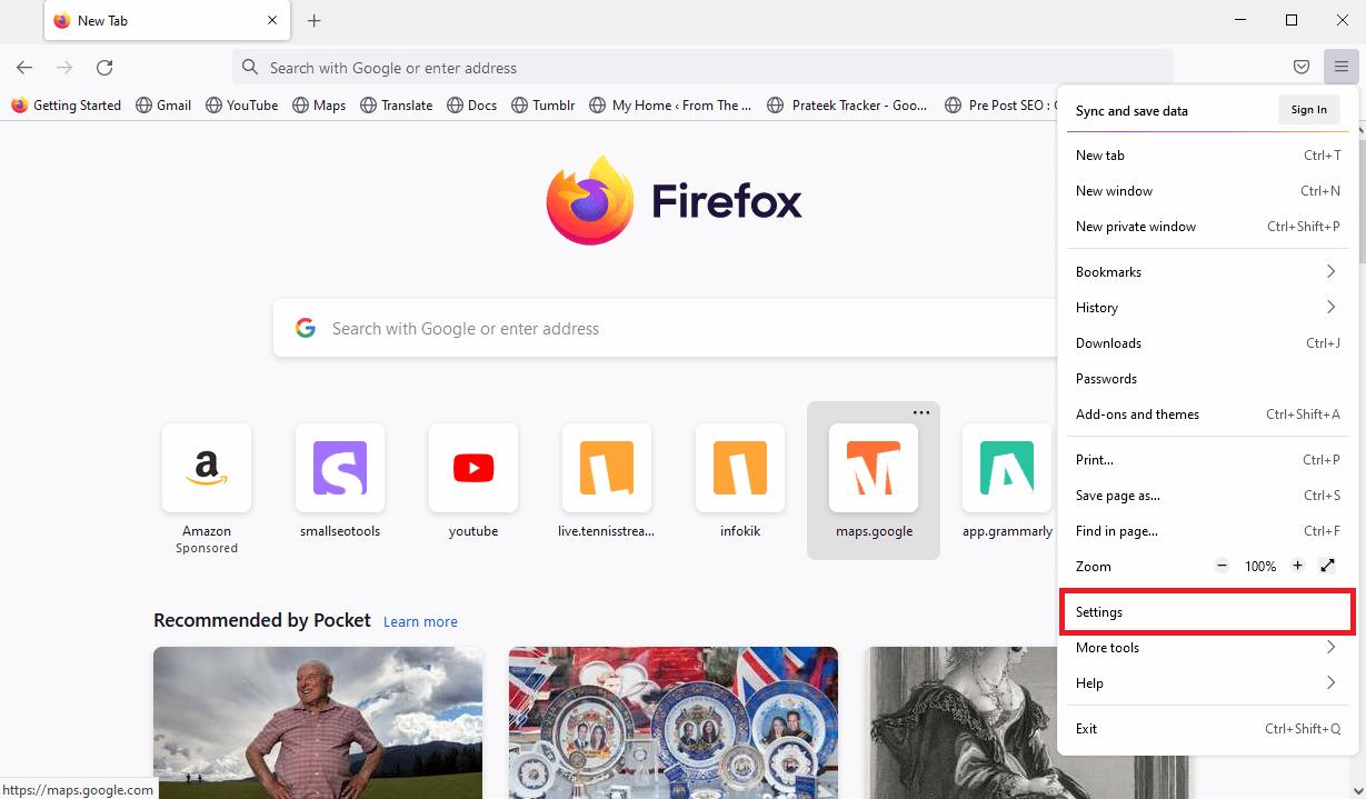 Ubique y haga clic en Configuración.  Reparar el contenedor de complementos para Firefox no funciona