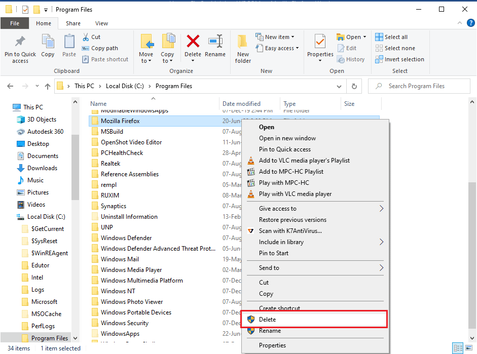 haga clic en la opción Eliminar.  Reparar el contenedor de complementos para Firefox no funciona