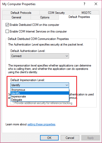 seleccione Identificar de la lista Nivel de suplantación predeterminado