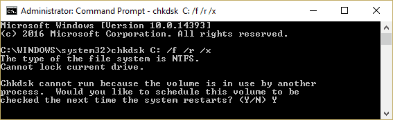 ejecutar chkdsk disk check C: / f / r / x