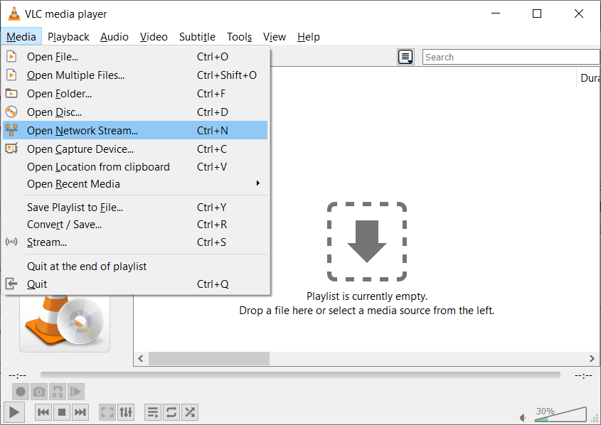 Haga clic en Medios desde el menú VLC y luego seleccione Abrir transmisión de red
