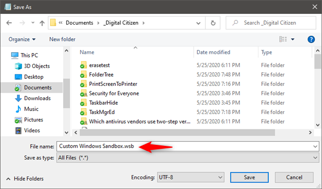 Guardar un archivo de configuración de Windows Sandbox (.wsb)