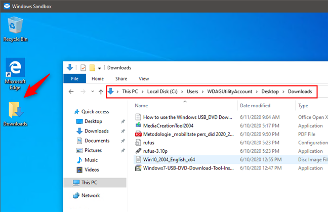 Cómo se ve una carpeta compartida en Windows Sandbox