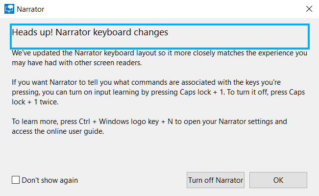 Mensaje de voz del narrador. ¿Cómo deshabilitar la voz del narrador en Windows 10?