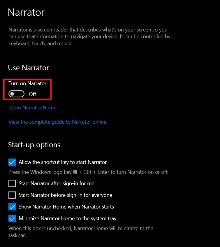 Desactive la función de voz del narrador. Desactivar Narrador de Windows 10
