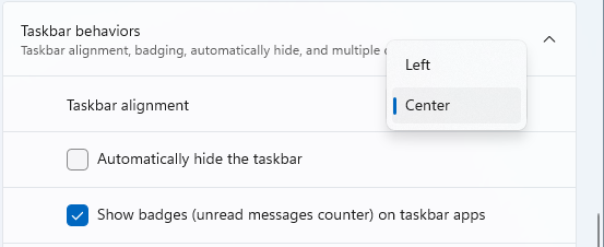 Elija una alineación para la barra de tareas