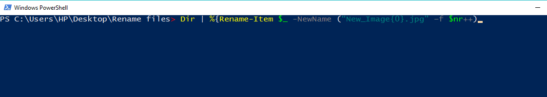 Para cambiar el nombre de todos los archivos de la carpeta por el mismo nombre, escriba el comando en Windows PowerShell