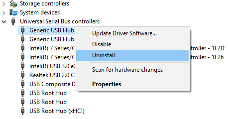 Expanda los controladores USB, luego haga clic derecho en cada uno y seleccione Desinstalar