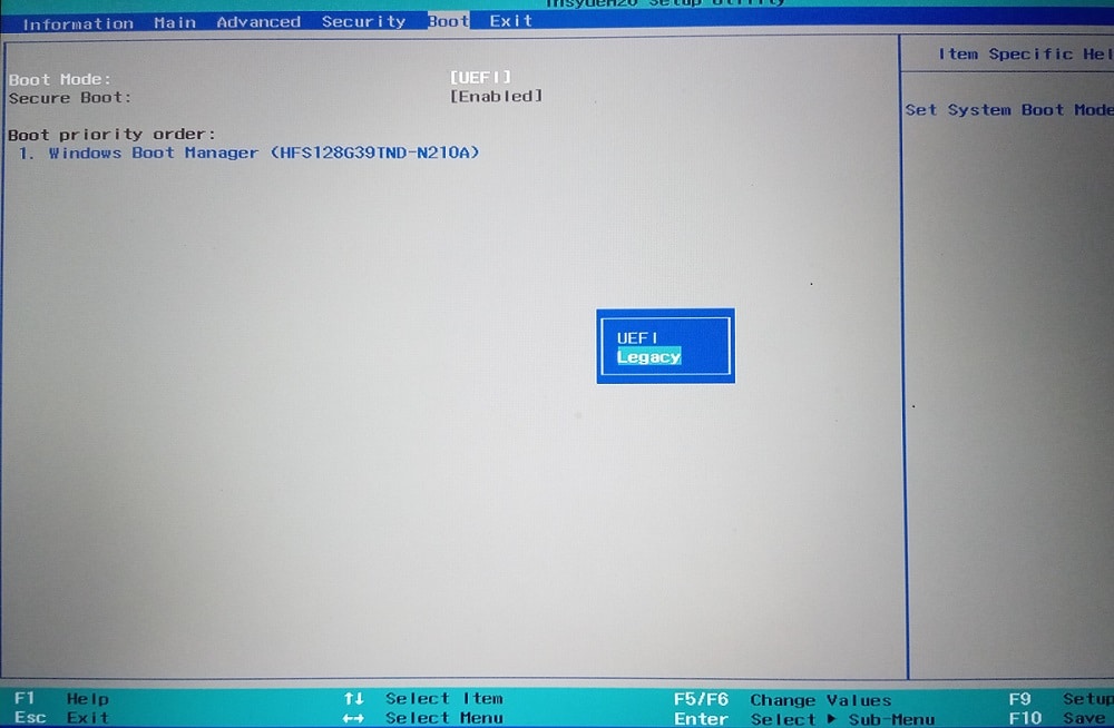Busque el modo de arranque, presione Intro y cambie el modo a UEFI.