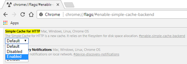 Seleccione Activado en el menú desplegable bajo Caché simple para HTTP