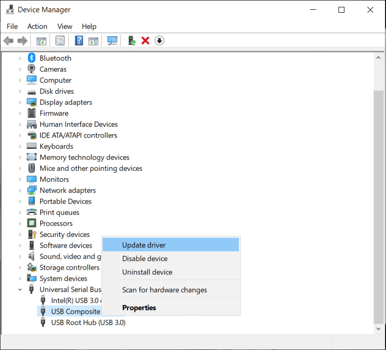 Haga clic con el botón derecho en Interfaz ADB compuesta y seleccione Actualizar software de controlador