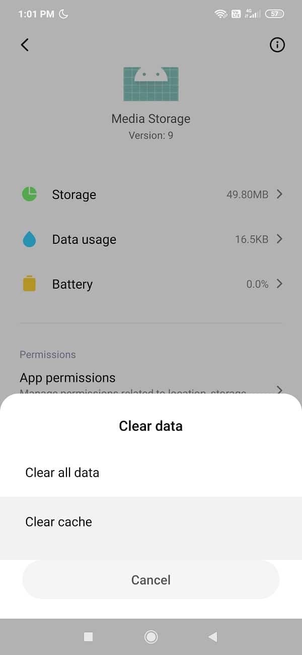 Del mismo modo, toque Almacenamiento de medios y luego presione el botón Eliminar para caché y datos.