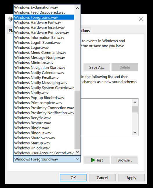 Wybierz plik dźwiękowy, którego chcesz użyć do zdarzenia programu