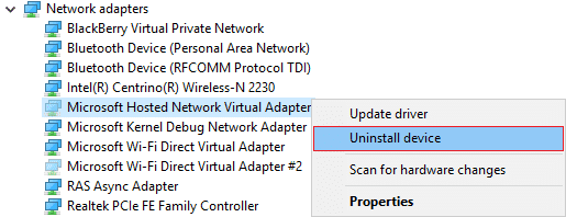 Haga clic derecho en cada uno de los dispositivos de red ocultos y seleccione Desinstalar dispositivo
