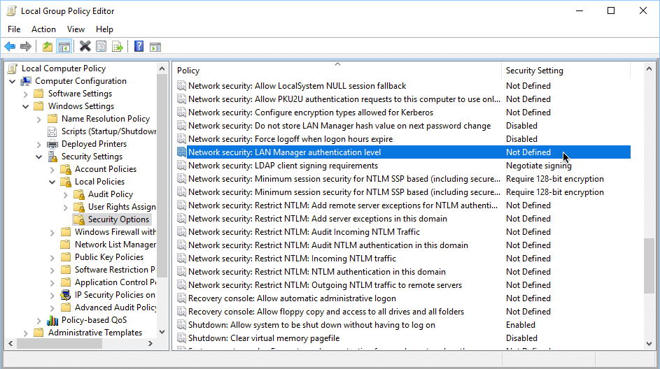 Seguridad de red: nivel de autenticación de LAN Manager