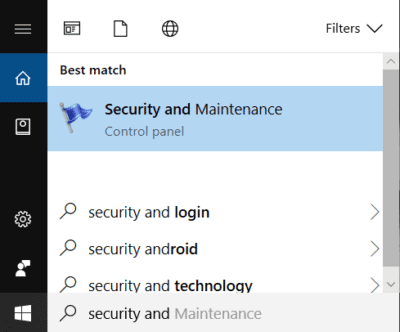 Ingrese seguridad en el motor de búsqueda de Windows, luego haga clic en Seguridad y mantenimiento