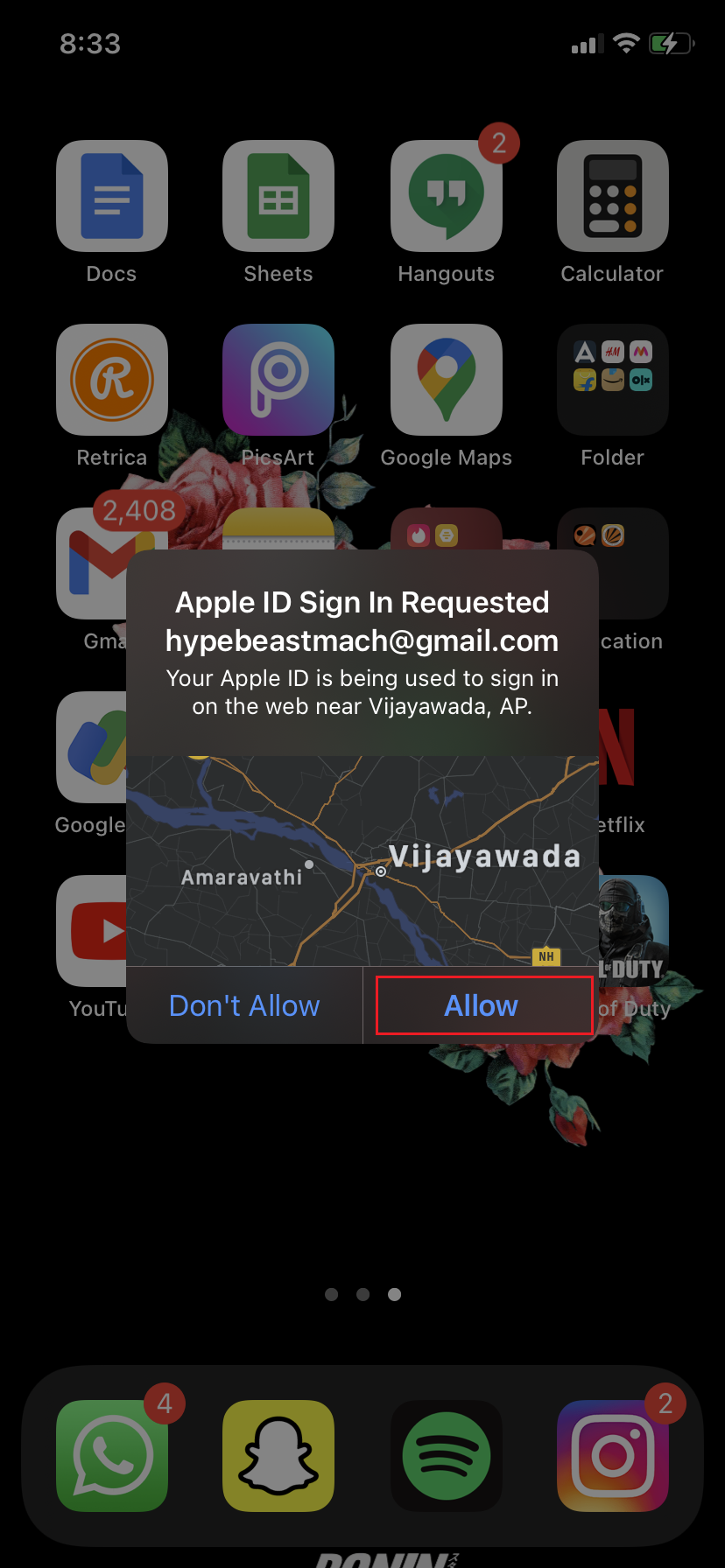 Aparecerá una ventana emergente que dice Solicitud de inicio de sesión de ID de Apple. Toca Permitir. Autenticación de dos factores de Apple