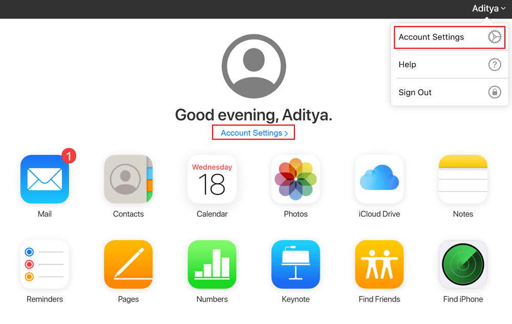 Configuración de la cuenta en la página de icloud