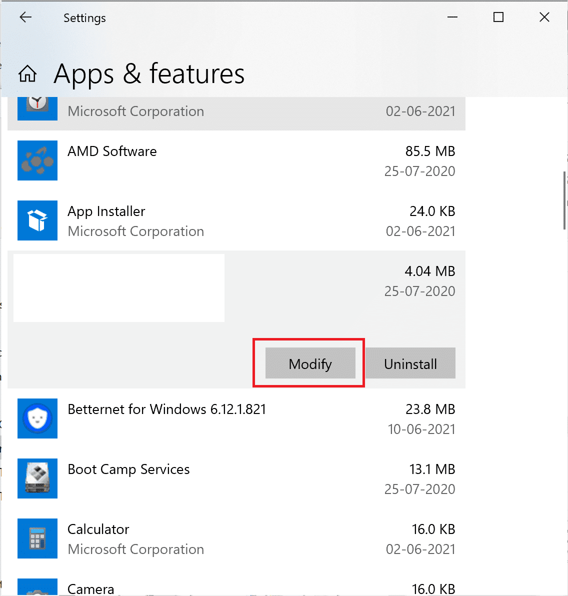 haga clic en modificar aplicación en windows