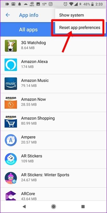Seleccione Restablecer preferencias de aplicaciones para el menú desplegable |  Solucionar error de cámara fallida en Samsung Galaxy