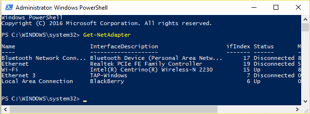 Escriba el comando Get-NetAdapter en PowerShell y presione Enter