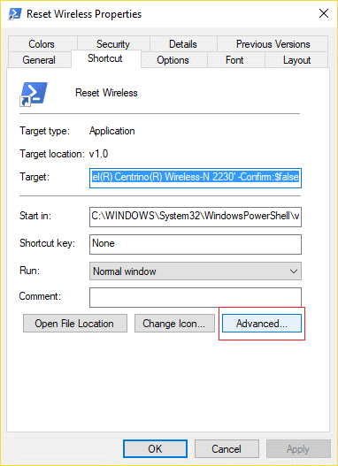 Cambie a la pestaña Acceso directo y luego haga clic en Avanzado
