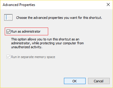 Marque la casilla Ejecutar como administrador y haga clic en Aceptar