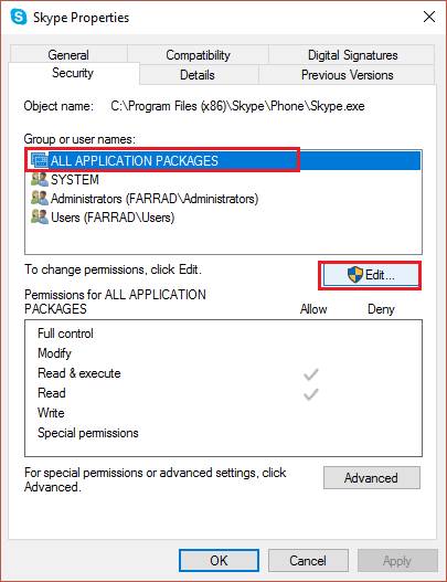 asegúrese de resaltar TODOS LOS PAQUETES DE APLICACIÓN y luego haga clic en Editar