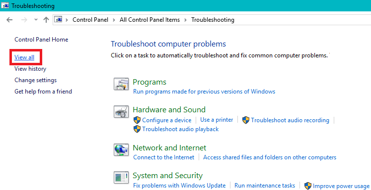 En el panel de la ventana de la izquierda del Panel de control, haga clic en Ver todo