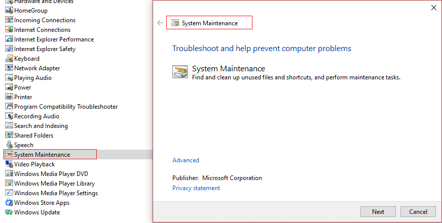 ejecutar el solucionador de problemas de mantenimiento del sistema