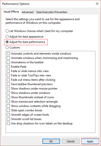 seleccione Ajustar para obtener el mejor rendimiento en la opción de rendimiento