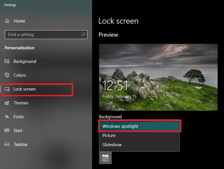 En el menú desplegable Fondo, seleccione Windows Spotlight |  Alto uso de CPU y disco Windows 10