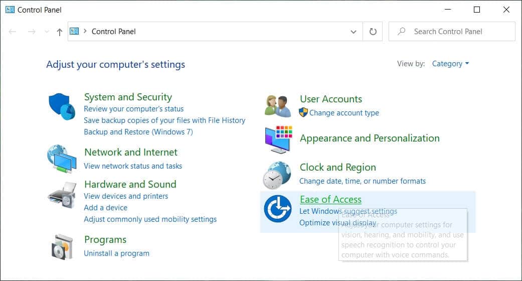 Dentro del Panel de control, haga clic en el enlace Facilidad de acceso