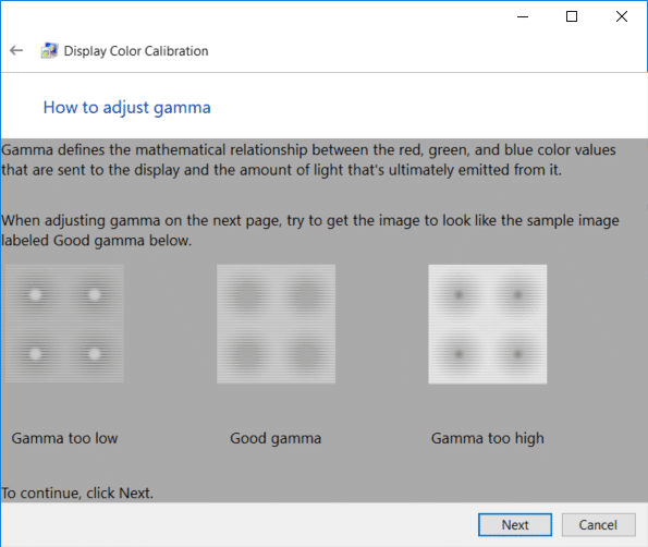 Revise los ejemplos de gamma y luego haga clic en Siguiente | Cómo calibrar el color de la pantalla de su monitor en Windows 10