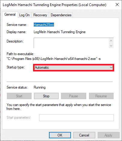 Ahora, establezca el Tipo de inicio en Automático | Cómo solucionar el problema del túnel de Hamachi en Windows 10