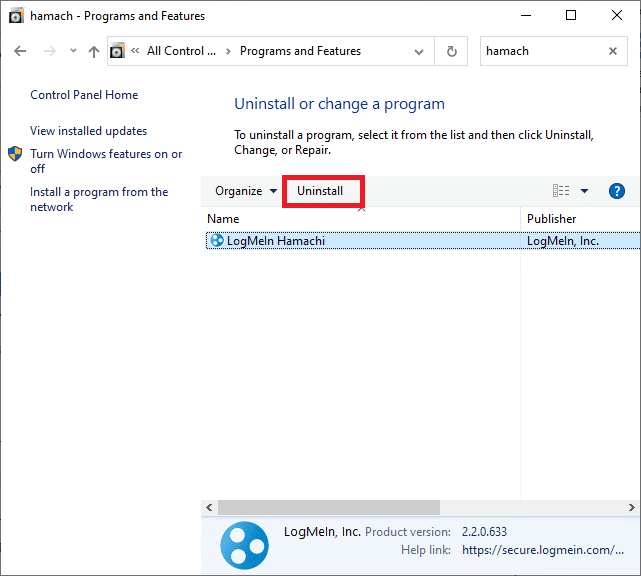 Ahora, haga clic en LogMeIn Hamachi y seleccione la opción Desinstalar. Cómo solucionar el problema del túnel de Hamachi en Windows 10