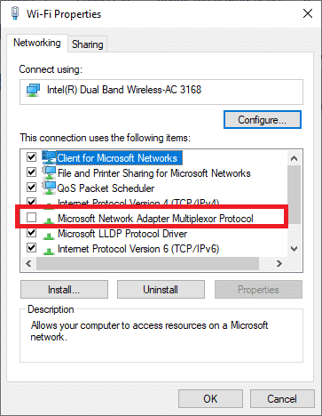 Ahora, asegúrese de que el Protocolo multiplexor del adaptador de red de Microsoft no esté marcado. Cómo solucionar el problema del túnel de Hamachi en Windows 10
