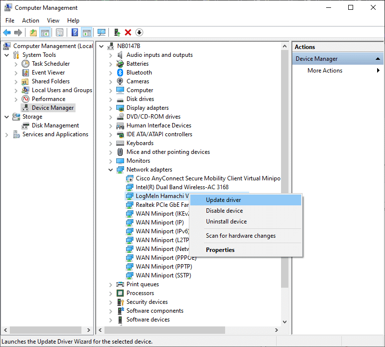 Ahora, haga clic con el botón derecho en LogMeIn Hamachi Virtual Ethernet Adapter y haga clic en Actualizar controlador. Cómo solucionar el problema del túnel de Hamachi en Windows 10