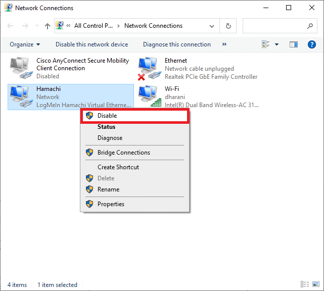 Ahora, haga clic derecho en su Red Hamachi y haga clic en Desactivar. Cómo solucionar el problema del túnel de Hamachi en Windows 10