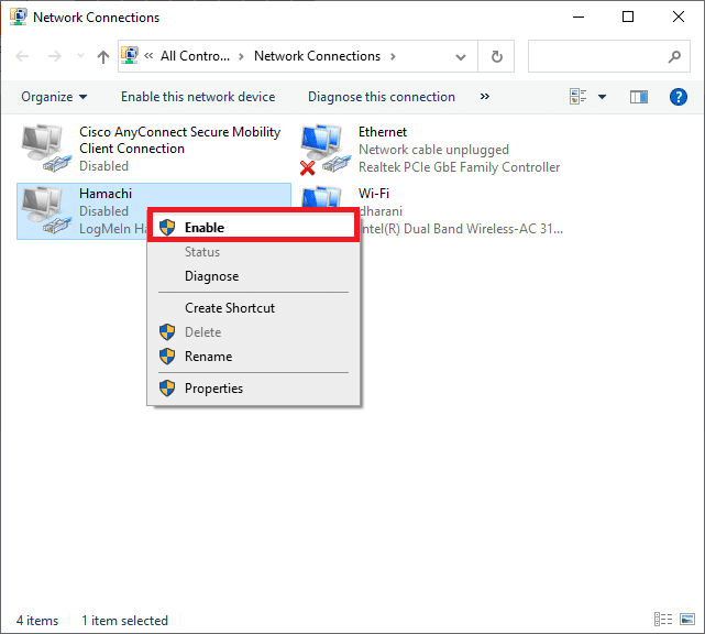 Espere un momento y vuelva a hacer clic con el botón derecho en Hamachi Network y seleccione la opción Habilitar. cómo solucionar el problema del túnel de Hamachi en Windows 10
