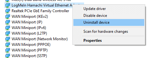 Ahora, haz clic en Desinstalar dispositivo. cómo solucionar el problema del túnel de Hamachi en Windows 10
