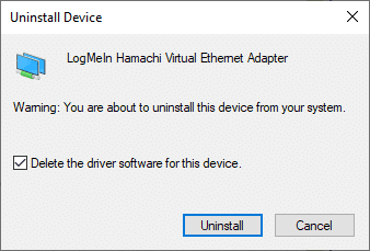 haga clic en Desinstalar. cómo solucionar el problema del túnel de Hamachi en Windows 10