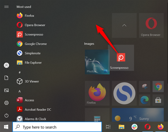 Expanda el menú Inicio y arrastre el mosaico o el acceso directo que desea eliminar