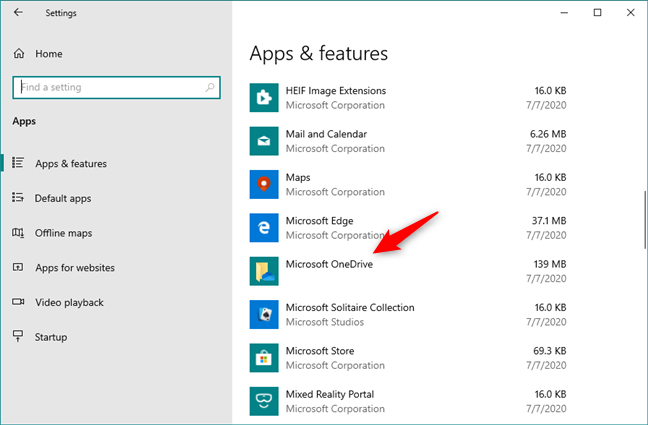 La aplicación Microsoft OneDrive que se muestra en la sección Aplicaciones &  lista de características