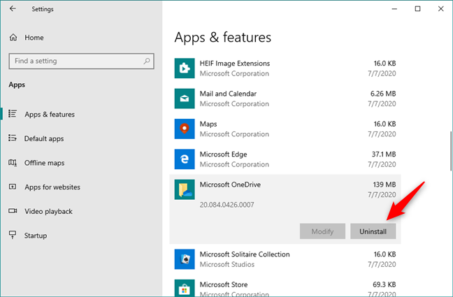 Elegir desinstalar Microsoft OneDrive de Windows 10