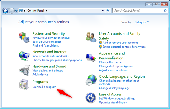 Desinstalar un enlace de programa desde el Panel de control de Windows 7