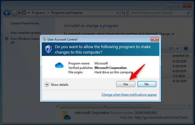 Notificación de UAC para confirmar que desea eliminar OneDrive