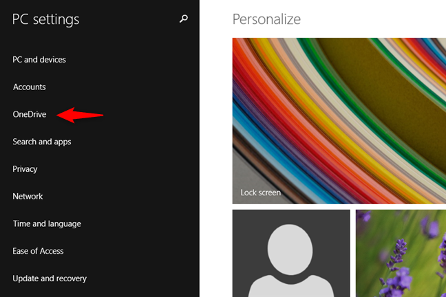 La entrada OneDrive de la configuración de PC de Windows 8.1