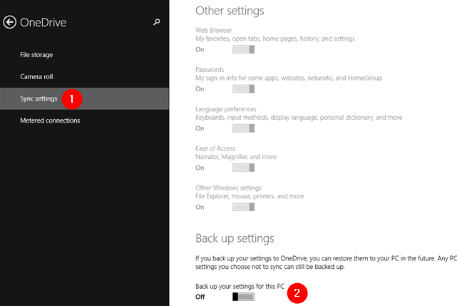 Deshabilite el interruptor Hacer una copia de seguridad de su configuración para esta PC